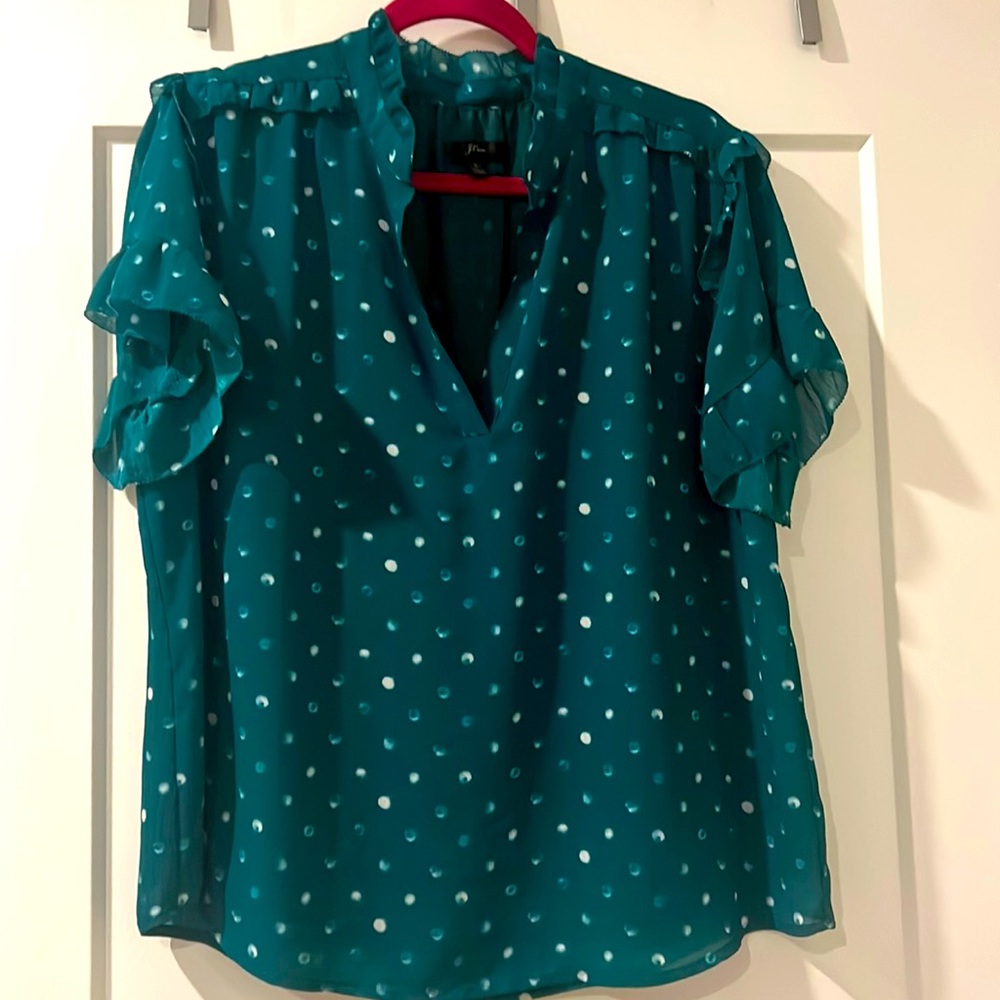 J. Crew Teal Polka Dot Ruffle Sleeve Blouse